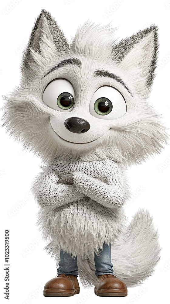 Cute Cartoon White Wolf in Jeans and Sweater