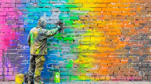 Urban artist creating a stunning mural on a brick wall in a vibrant city setting