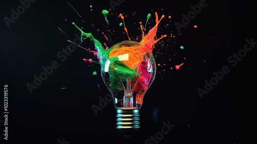 Light bulb bursting with multicolored paint splashes, dark black background photo