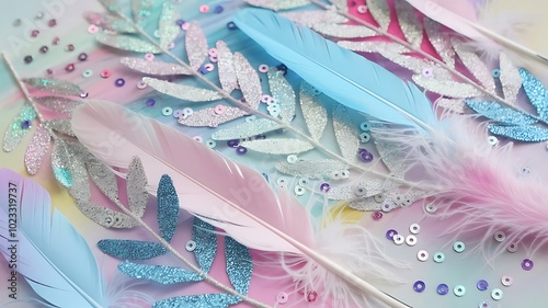 Colorful Flat Lay with Pastel Feathers and Glittery Leaves for a Whimsical Vibe