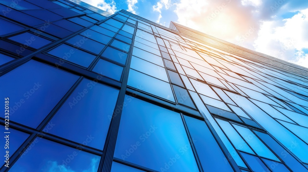 Obraz premium Modern office building with sleek metal and glass panels under a bright sky. Room for your content