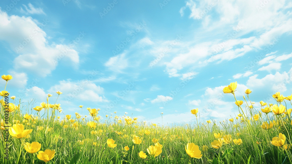 Beautiful spring background with yellow flowers on a green grass meadow and a blue sky Beautiful spring background with yellow flowers on a green grass meadow and a blue sky