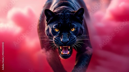 Black jaguar with a furious expression emerges from the pink smoke