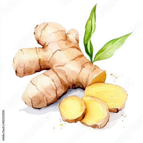 Fresh Ginger Root with Green Leaves and Slices photo