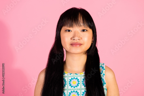 Photo of lovely cute cheerful positive girl wear stylish clothes isolated on pink color background