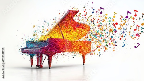 The image depicts a grand piano enveloped in a vibrant shower of musical notes, symbolizing the vibrant energy and expressiveness that music brings to life.