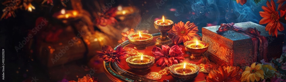 A vibrant display of traditional oil lamps and floral decorations, perfect for celebrations and festive occasions. A vibrant display of traditional oil lamps and floral decorations, perfect for celebrations and festive occasions.