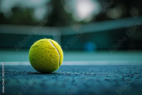 Tennis ball on court surface in focus