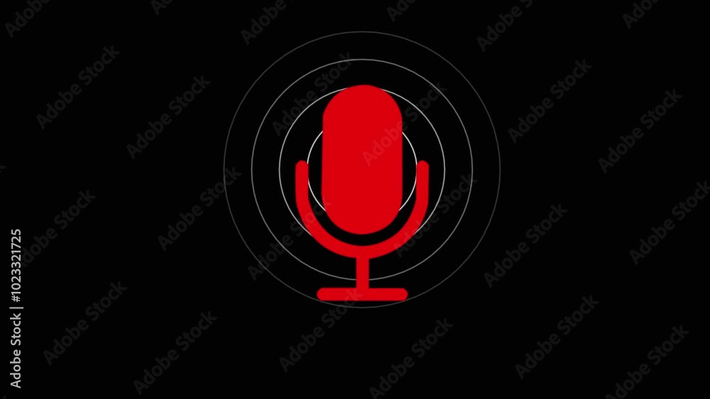 White color radio wave and voice recording podcast mic microphone button Audio microphone icon animation. red color microphone  animation on a black background.