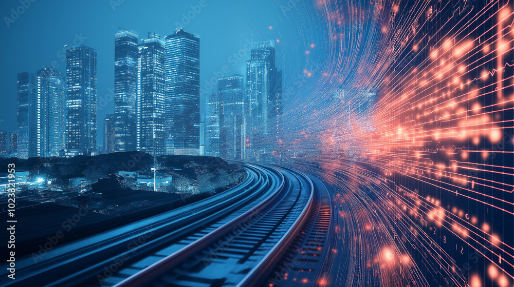 Obraz premium a railway track and a futuristic cyberpunk city, glowing neon lights and high-tech elements