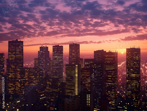A vibrant city skyline at sunset, showcasing illuminated buildings against a colorful sky.