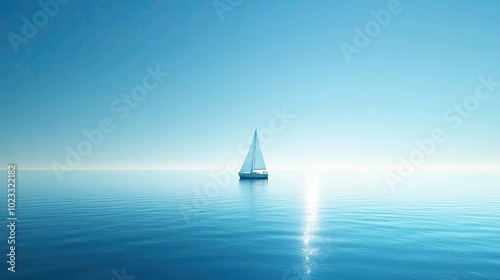 Sailboat anchored on a calm blue sea, with a wide horizon. Space for copy in the clear sky