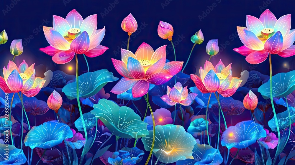 Vibrant digital art featuring colorful lotus flowers blooming against a dark background, creating a serene and enchanting atmosphere. Vibrant digital art featuring colorful lotus flowers blooming against a dark background, creating a serene and enchanting atmosphere.