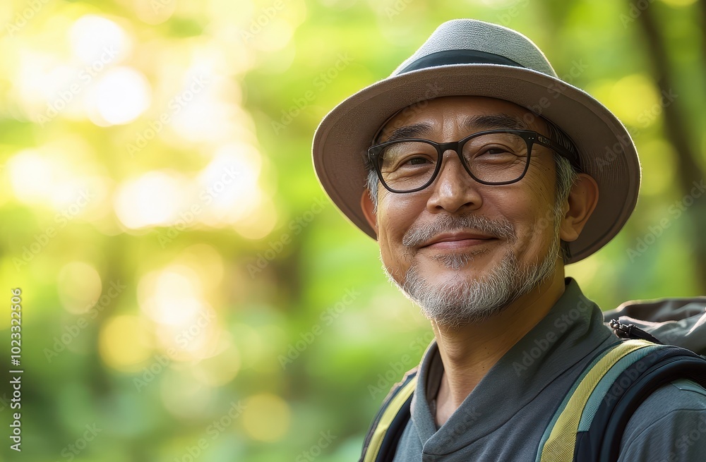 Portrait of a Smiling Man with a Grey Hat and Glasses in a Forest Setting Portrait of a Smiling Man with a Grey Hat and Glasses in a Forest Setting