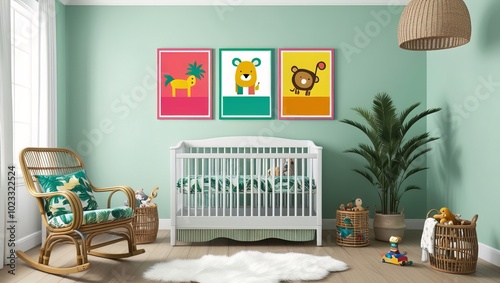 Cozy tropical nursery interior design with poster frame