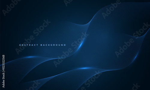 Abstract dark blue vector background with glowing blue wavy lines.