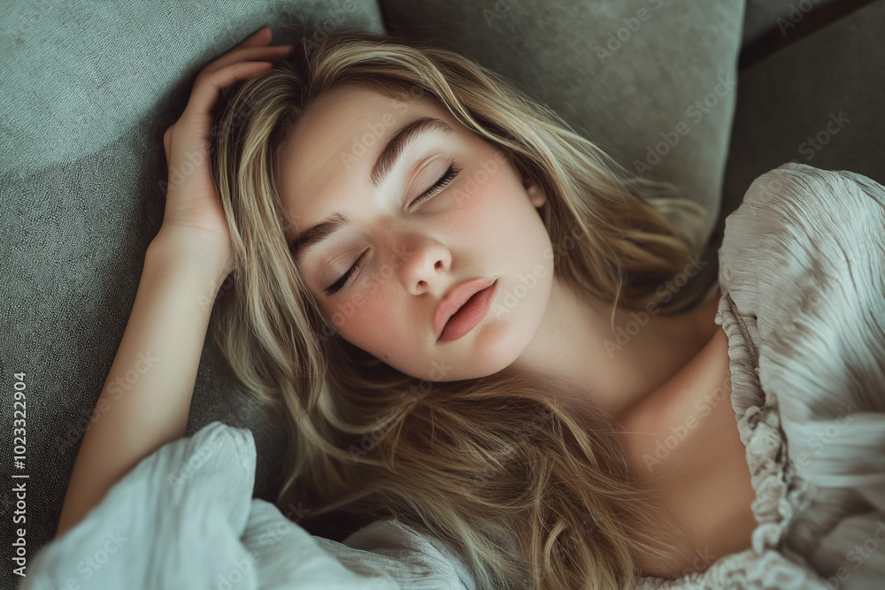 Sleepy Young Woman Relaxing on Grey Sofa, Lying on Side and Trying to Rest During Daytime Sleepy Young Woman Relaxing on Grey Sofa, Lying on Side and Trying to Rest During Daytime