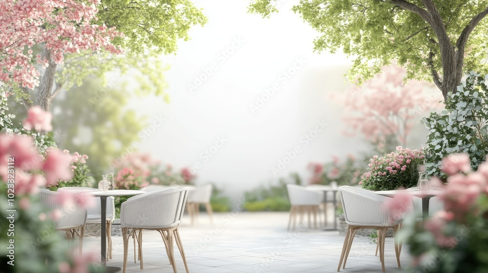 Fototapeta premium Scenic outdoor summer cafe setup with chairs and flowers. Space for text in the background