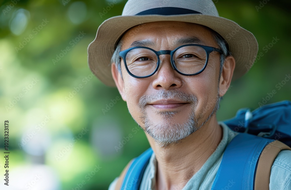 Portrait of a smiling senior man with glasses and hat, outdoors. Portrait of a smiling senior man with glasses and hat, outdoors.