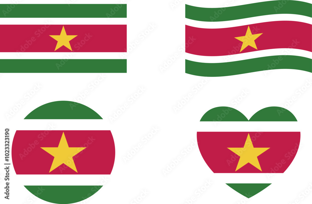 Suriname flags set. Circle icon. waving flag. heart shape icon. Various designs Suriname flags set. Circle icon. waving flag. heart shape icon. Various designs