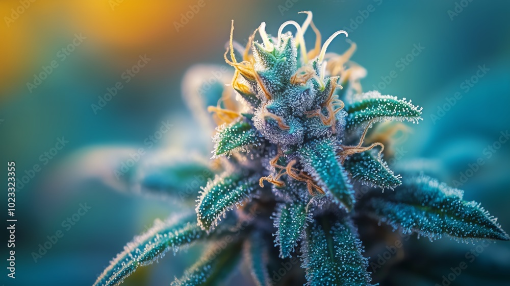Frosty cannabis bud with vibrant orange pistils under blue and orange lighting Frosty cannabis bud with vibrant orange pistils under blue and orange lighting