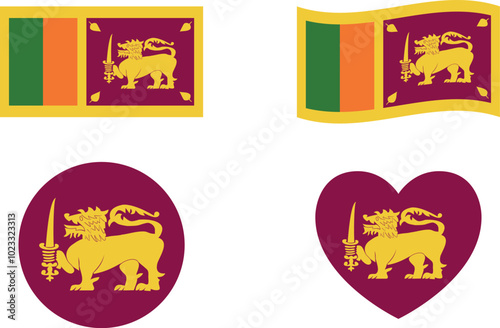 Sri Lanka flags set. Circle icon. waving flag. heart shape icon. Various designs