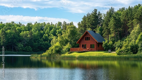 Scenic summer cabin by a lake, with lush greenery and room for copy in the open sky