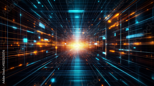 A beauty futuristic abstract background in a high-tech style as a light tonnel. Shining lines and patterns resembling neural networks, connections, and digital circuits.