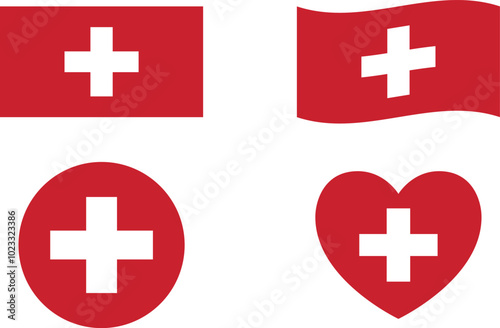 Switzerlands flags set. Circle icon. waving flag. heart shape icon. Various designs