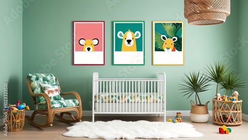 Cozy tropical nursery interior design with poster frame