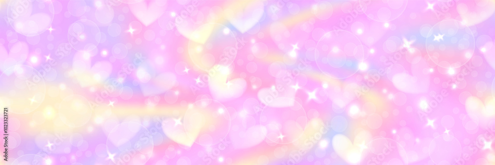 Cute girly pastel unicorn bg with hearts, stars and bubbles on pink sky as seamless pattern. Candy sweet princess gradient background. Vector abstract illustration
