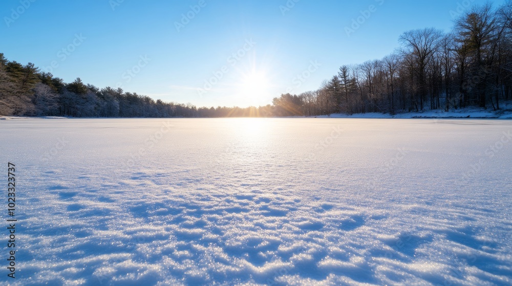 Bright sunlight reflecting off a frozen lake, casting a brilliant glow over the snow-covered shore and surrounding forest Bright sunlight reflecting off a frozen lake, casting a brilliant glow over the snow-covered shore and surrounding forest