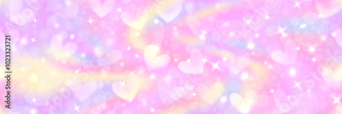 Cute girly pastel unicorn bg with hearts, stars and bubbles on pink sky as seamless pattern. Candy sweet princess gradient background. Vector abstract illustration
