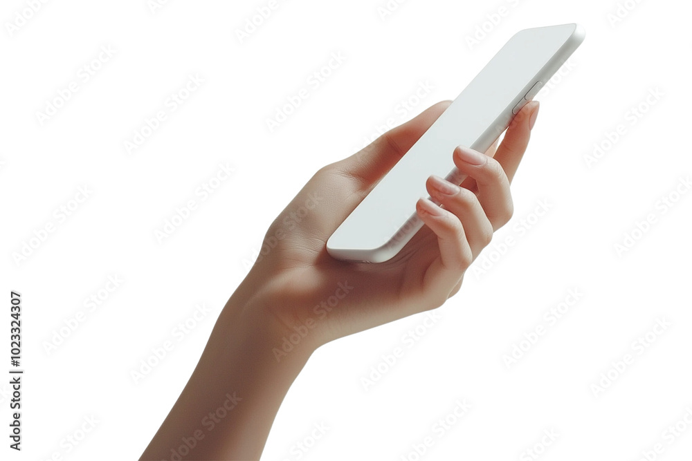 hand holding modern smart phone mockup isolated on white background, transparent PNG die cut. hand holding modern smart phone mockup isolated on white background, transparent PNG die cut.