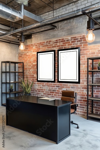 Industrial office interior design with poster frame