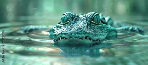 Fierce alligator or crocodile with piercing green eyes and sharp teeth floating on the surface of a murky swamp or pond appearing as a formidable predator lurking in the water