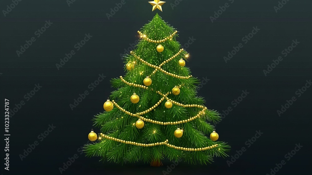 A festive Christmas tree adorned with golden ornaments and lights against a dark background. A festive Christmas tree adorned with golden ornaments and lights against a dark background.