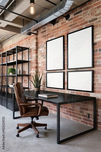 Industrial office interior design with poster frame