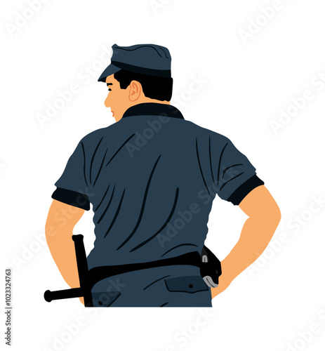 Policeman officer on duty vector illustration isolated on white background. Police man in uniform in patrol on street. Security service member protect people. Law and order. Against terrorism unit.