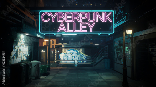 Cyberpunk alley neon sign pink blue dark futuristic city night 
