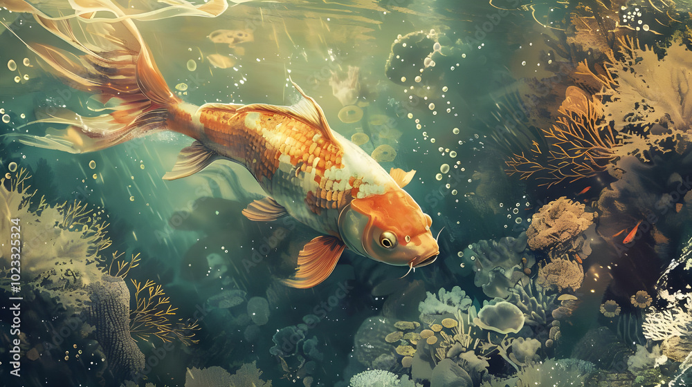 Vibrant Koi Fish Swimming in a Lush Underwater Scene. Serene Aquarium Life Vibrant Koi Fish Swimming in a Lush Underwater Scene. Serene Aquarium Life