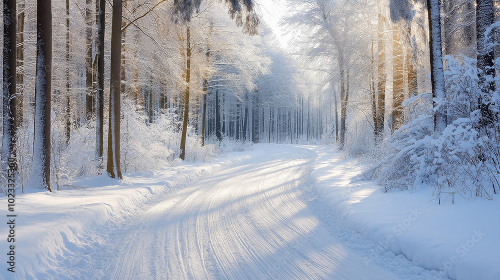 A snow-covered road through a dense forest, creating a peaceful winter scene A snow-covered road through a dense forest, creating a peaceful winter scene