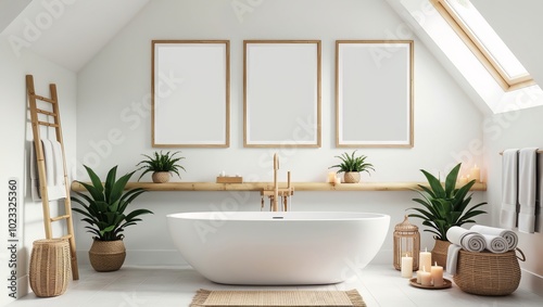 Cozy tropical bathroom interior design with poster frame