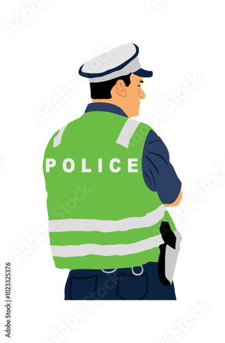 Traffic policeman officer on duty vector illustration isolated on white background. Police man in uniform. Security service member protect people. Law and order street patrol cop. Man observe crowd