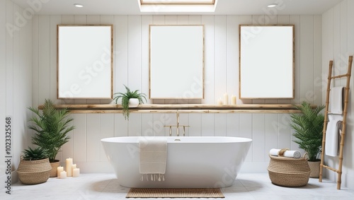 Cozy tropical bathroom interior design with poster frame