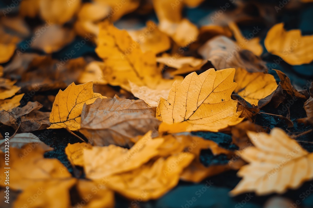 Autumn leaves in focus on the ground with blurred background Autumn leaves in focus on the ground with blurred background