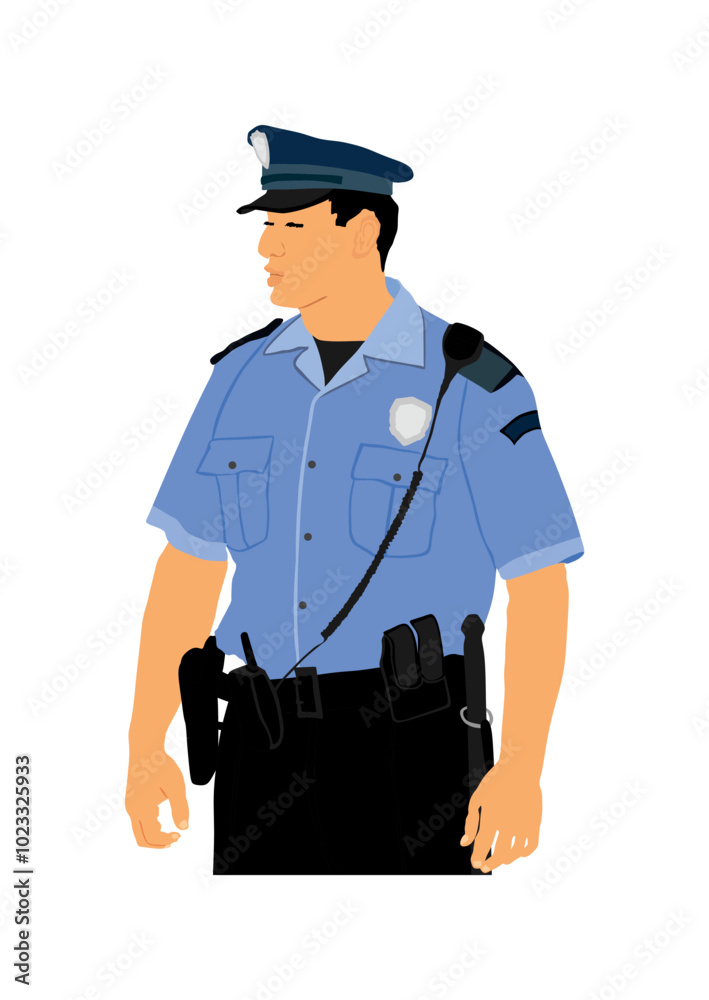 Policeman officer on duty vector illustration isolated on white background. Police man in uniform in patrol on street. Security service member protect people. Law and order. Against terrorism unit. Policeman officer on duty vector illustration isolated on white background. Police man in uniform in patrol on street. Security service member protect people. Law and order. Against terrorism unit.