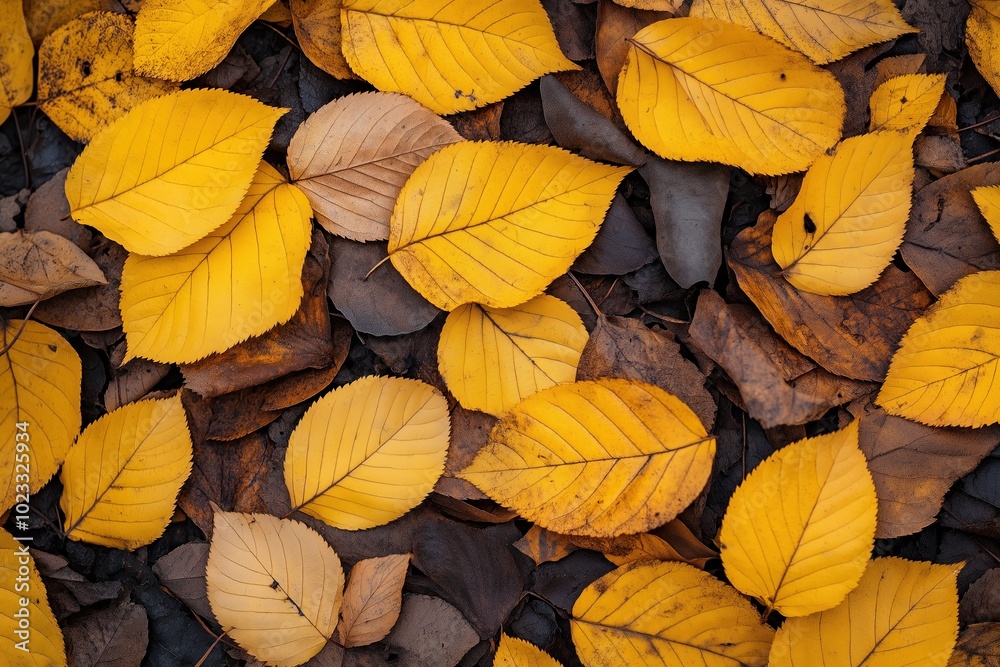 Close-up of yellow autumn leaves on the ground