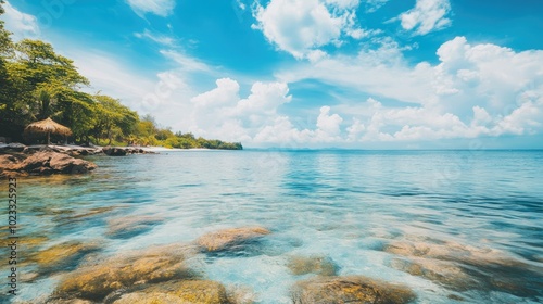 Sun-kissed tropical island shoreline with crystal-clear waters. Space for text in the sky above