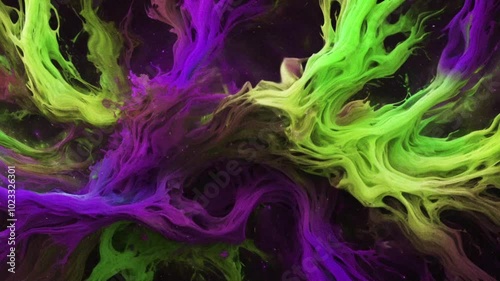 Dynamic Liquid vibrant colors abstract background. Yellow Purple swirling liquids, cell shading, soft lighting animation